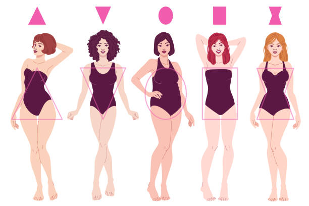 Female Body Shape Types - Pear, Inverted Triangle, Apple, Rectangle, Hourglass. Vector fashion illustration isolated on white background. cartoon of fat lady in swimsuit stock illustrations
