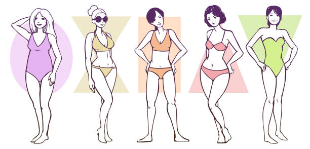 Female Body Shape Types Set of women's body shape types - apple / rounded, hourglass, rectangle, triangle / pear, inverted triangle cartoon of fat lady in swimsuit stock illustrations