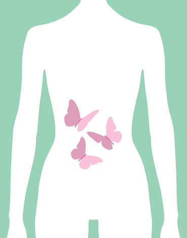 Vector illustration of pink butterflies on a female figure against a teal green background.