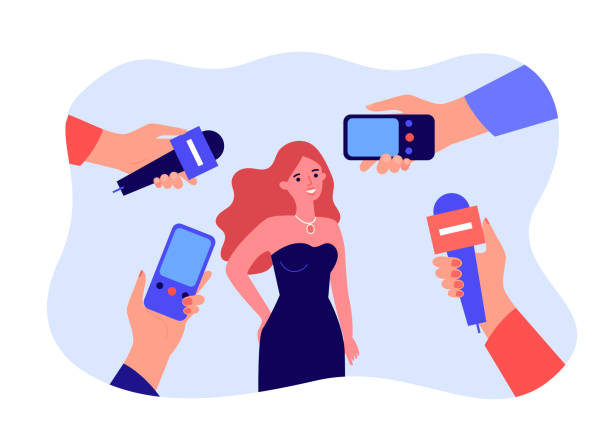 Female cartoon celebrity in dress and hands with mics Female cartoon celebrity in dress and hands with mics. Journalists interviewing famous actress flat vector illustration. Interview, media concept for banner, website design or landing web page actress stock illustrations