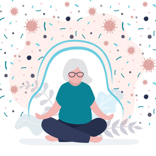ilustrações de stock, clip art, desenhos animados e ícones de female character boosting immune system with sports and yoga. granny protected by barrier from viruses - boosting