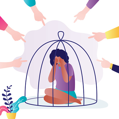 Female character is hated for skin color. African american woman locked in cage. Concept of racism, bullying and violence in society. Fingers pointing on frustrated schoolgirl.Flat vector illustration
