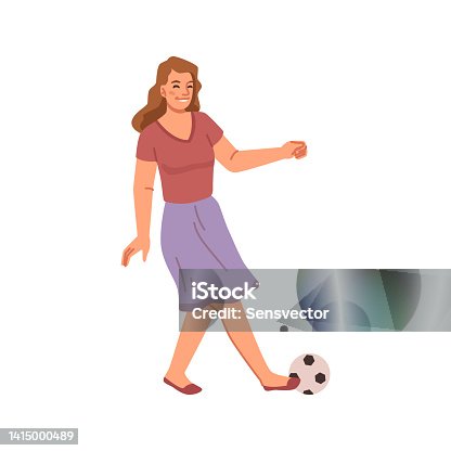 istock Female character playing football, isolated woman kicking ball. Mother personage having fun outdoors, sportive games and active lifestyle. Flat cartoon, vector in flat style 1415000489