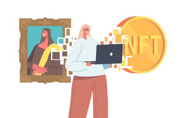 elinde dizüstü bilgisayarlı kadın karakter, siber uzayda dijital i̇şlem yapan mantarsız token kripto para birimi kullanıyor - nft stock illustrations