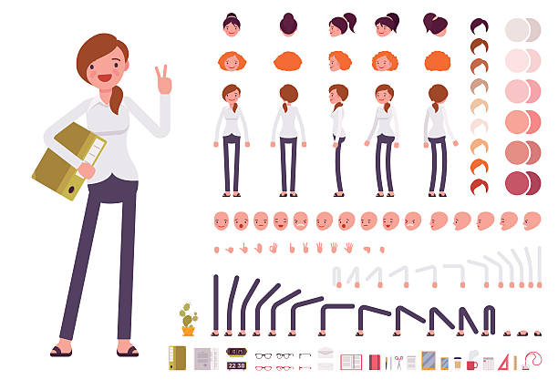Female clerk character creation set Female clerk character creation set. Build your own design. Cartoon vector flat-style infographic illustration avatar clipart stock illustrations