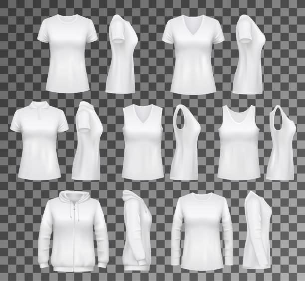 Female clothes T-shirt, hoodie and women underwear T-shirt templates with hoodie and sweatshirt, polo and singlet or sleeveless shirt. Isolated vector female clothes white mockups, casual garments design. Everyday women outfit elements on transparent blouse stock illustrations