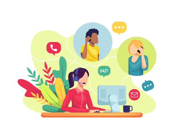 illustrazioni stock, clip art, cartoni animati e icone di tendenza di lavoratrice del servizio clienti che aiuta i clienti - call center