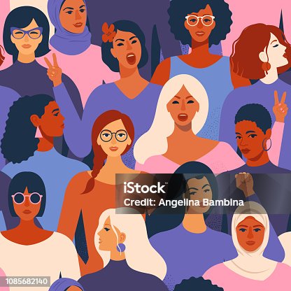 istock Female diverse faces of different ethnicity seamless pattern. Women empowerment movement pattern. International womens day graphic in vector. 1085682140