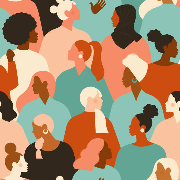 kobiece różne twarze o różnym pochodzeniu etnicznym bez szwu. wzór ruchu inicjacji kobiet. międzynarodowa grafika dnia kobiet w wektorze. - diversity stock illustrations