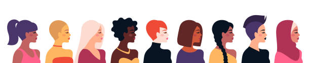 stockillustraties, clipart, cartoons en iconen met vrouwelijke diverse gezichten - womens day poster