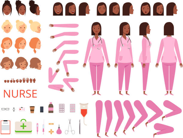Female doctor animation. Nurse hospital character body parts and clothes healthcare mascot creation kit vector Female doctor animation. Nurse hospital character body parts and clothes healthcare mascot creation kit vector. Illustration of medical female animation, doctor and nurse nurse face stock illustrations