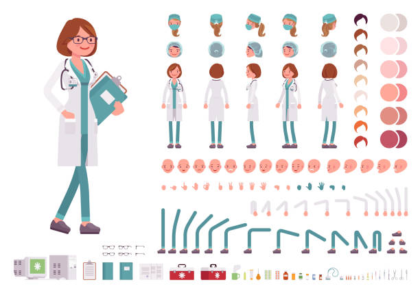 Female doctor character creation set Female doctor character creation set. Full length, different views, emotions, gestures. Build your own design. Cartoon flat-style infographic illustration. Healthcare and professional medicine concept nurse face stock illustrations