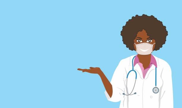 stockillustraties, clipart, cartoons en iconen met vrouwelijke arts die instructies geeft - arts vrouw mondkapje