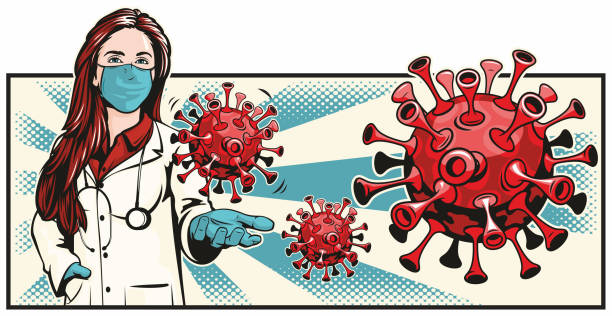 stockillustraties, clipart, cartoons en iconen met vrouwelijke arts die virusbacteriën houdt - arts vrouw mondkapje