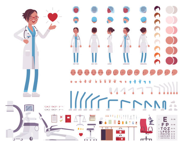 女性醫生在白色診所統一字元創建集 - 急救包 插圖 幅插畫檔、美工圖案、卡通及圖標