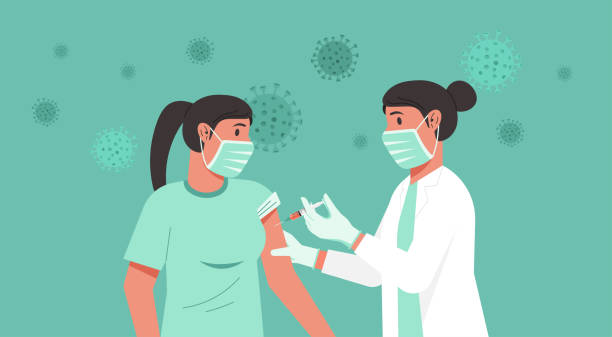 female doctor injecting vaccine syringe in woman arm vector art illustration
