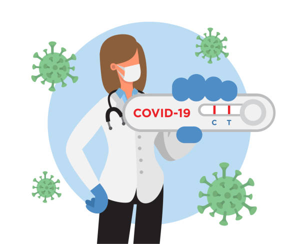 코로나 바이러스에 대한 빠른 테스트를 보여주는 여성 의사 - 건강 검진 stock illustrations