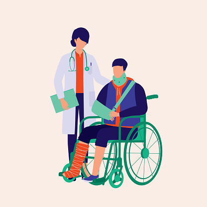 Female Doctor Talking To Injury Patient. Physical Injury Concept. Vector Illustration.