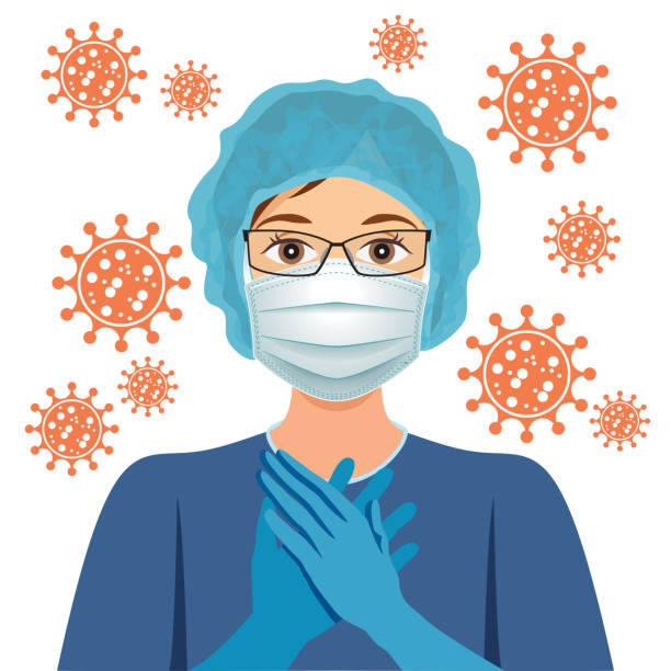Female doctor wearing gloves and mask. Doctor or nurse with protective face mask. Woman in glasses. Protection against coronavirus. Vector Illustration. Female doctor wearing gloves and mask. Doctor or nurse with protective face mask. Woman in glasses. Protection against coronavirus. Vector Illustration nurse face stock illustrations