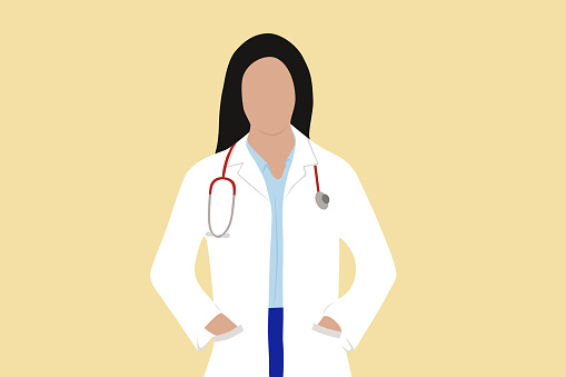 Female Doctor With Black Hair Standing Hands In Pocket