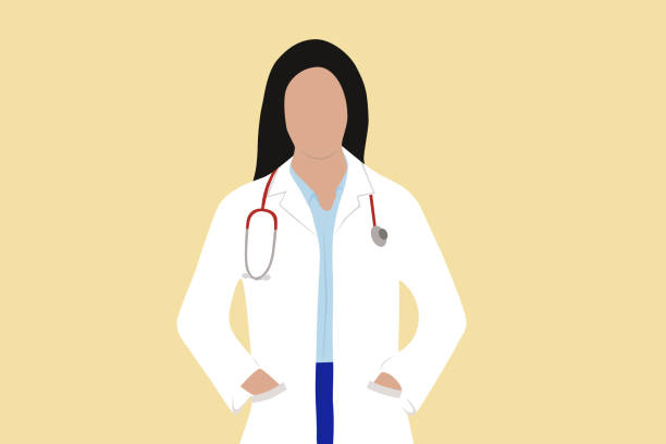 женщина-врач с черными волосами стоя руки в кармане - смотреть в объектив stock illustrations