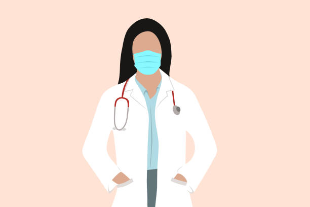 врач-женщина с черными волосами в защитной маске для лица из-за пандемии covid-19 - смотреть в объектив stock illustrations