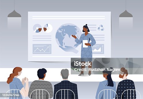 istock Female ecological speaker is holding press conference on stage 1334147246