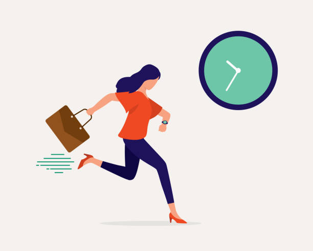 stockillustraties, clipart, cartoons en iconen met female employee rushing to office. running late for work. - woman checking watch