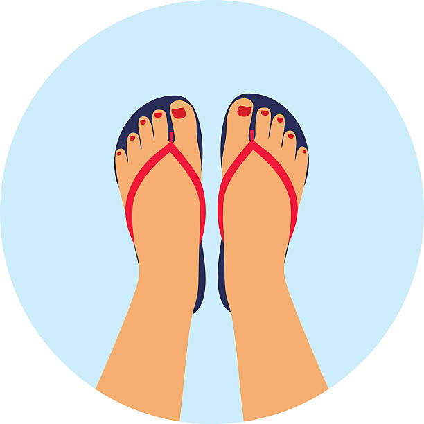 stockillustraties, clipart, cartoons en iconen met female feet with a pedicure in the summer flip-flops. - voeten in het zand