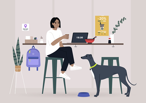 A female freelancer having lunch with their pet in a dog friendly cafe, a counter with bar stools