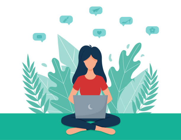 A female freelancer with dark hair sits cross-legged on a Park bench and works with a laptop.The concept of remote work and study. Background with leaves.Working in an outdoor Park. Vector. Flat style A female freelancer with dark hair sits cross-legged on a Park bench and works with a laptop.The concept of remote work and study. Background with leaves.Working in an outdoor Park.Vector. Flat style. typing on laptop stock illustrations