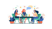 Female friends hanging out in cafe. Women sitting at table, drinking tea or coffee, talking with speech bubble. Vector illustration for chatting, communication, lunch, friendship concept