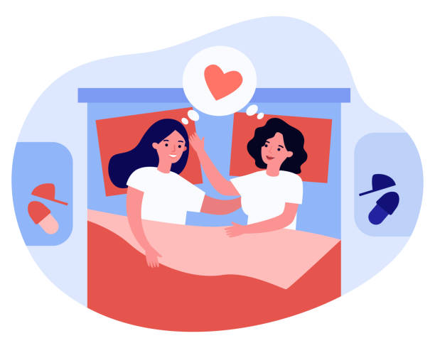 ilustrações de stock, clip art, desenhos animados e ícones de female gay couple hugging while resting in bed - sleeping couple
