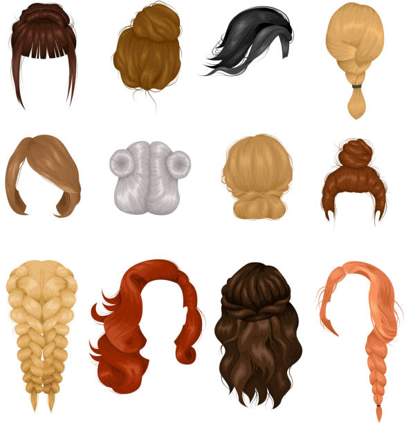 female hairstyle set Women hairstyle wigs false and natural hair pieces front and back view realistic icons collection isolated vector illustration wig stock illustrations