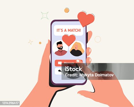 istock Female hand holding mobile phone with dating app interface. Couple match in online application on smartphone. Virtual 1314396417