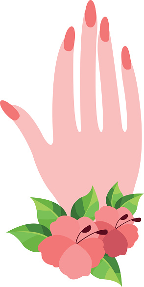 Female hand with a bracelet of flowers, manicure.