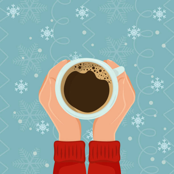 weibliche hände halten heiße tasse kaffee auf schnee hintergrund. winter gemütliches konzept mit kakao oder tee oder kaffee im großen becher. vektor-illustration - hand holding coffee stock-grafiken, -clipart, -cartoons und -symbole