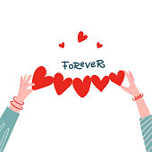 Female Hands holding paper shape of heart row for greeting concept. Forever lettering quote. BBF girls frienndship. Vector flat hand drawn illustration.