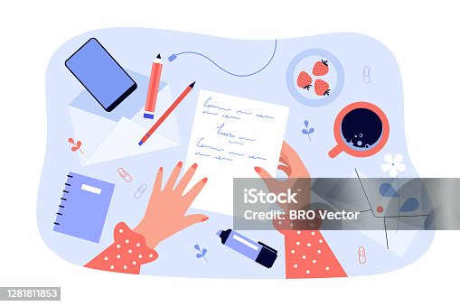 istock Female hands holding paper sheet with handwritten letter 1281811853