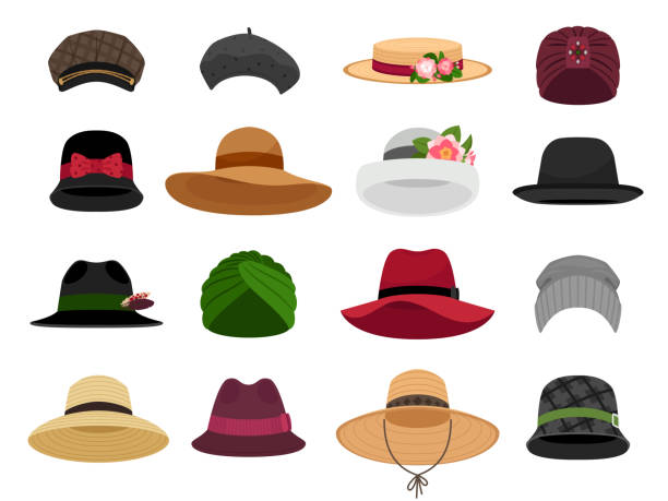 Female hats and caps Female hats and caps. Woman vacation cap and hat vector illustrations, bonnet and panama, traditional lady head wearing types, fashion beret and napper accessories hat stock illustrations