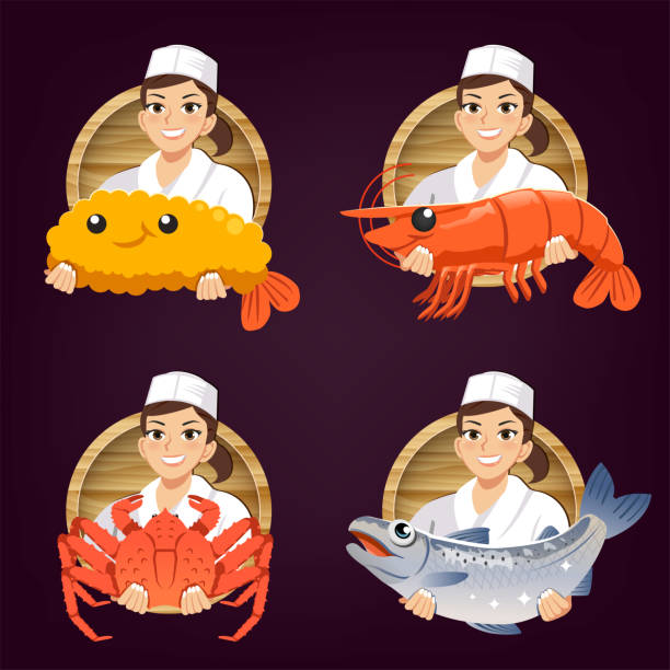 ilustraciones, imágenes clip art, dibujos animados e iconos de stock de la chef japonesa sirve ingredientes frescos. - alaska
