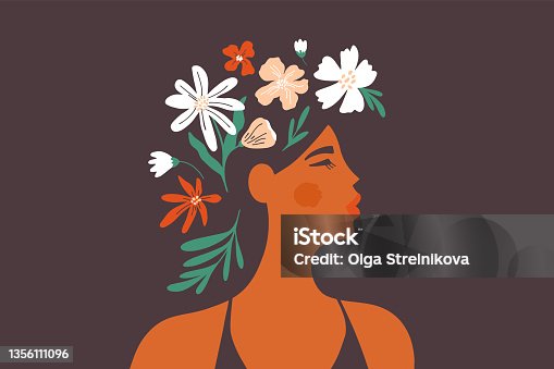 istock Female mental health concept, vector illustration of beautiful woman with flowers in head 1356111096