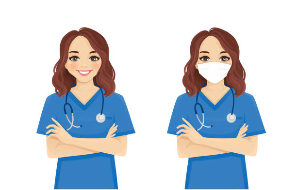 Female nurse character Female nurse character standing with arms crossed wearing protective medical mask isolated vector illustartion nurse face stock illustrations