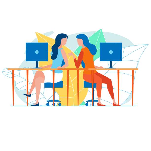 Female Office Workers Talking Shop at Their Desks Female Office Workers Talking Shop at Their Desks gossip stock illustrations