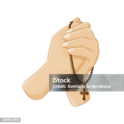 istock Female palms holding brown wooden rosary beads and cross 1399013917