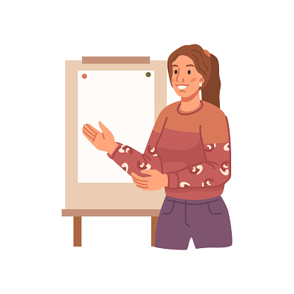 Female personage employee of company or organization showing whiteboard presentation. Vector flat cartoon character, teacher or student talking about project completion and working tasks achievement
