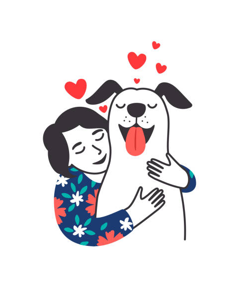 Female pet friend poster Female pet friend. Cartoon young woman hugging cute puppy with care and love, cozy relaxing friendship of girl and dog, happy poster with red hearts isolated on white background, vector illustration pets and animals stock illustrations