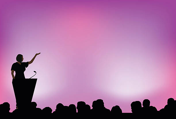 A female presenting to an audience in front of purple lights Women Presenting in front of crowd. Women is fully rendered so you could move her around the stage. presentation speech stock illustrations