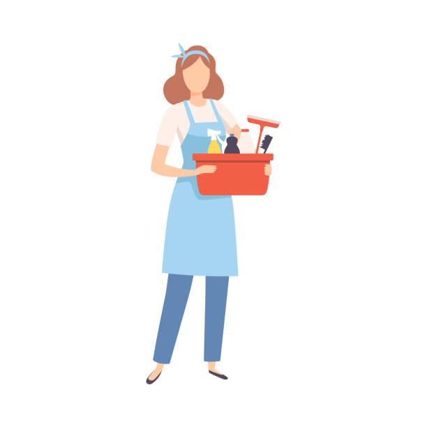 Female Professional Cleaner Standing with Basket of Detergents, Cleaning Company Staff Character Dressed in Uniform with Equipment Flat Vector Illustration Female Professional Cleaner Standing with Basket of Detergents, Cleaning Company Staff Character Dressed in Uniform with Equipment Flat Vector Illustration on White Background. maid stock illustrations
