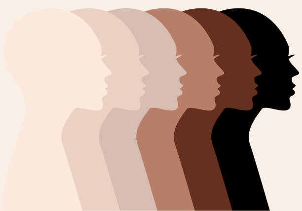 Female profile silhouettes, skin colors, vector Female profile silhouettes, different skin colors, people of color, vector illustration beautiful woman stock illustrations